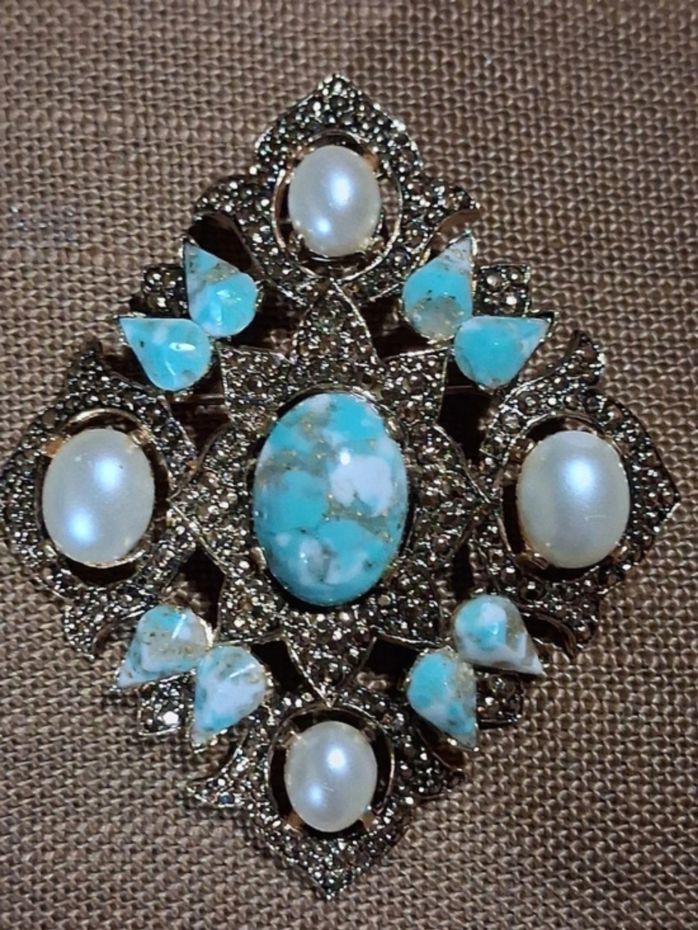Vintage 1968 Sarah Coventry "Remembrance" BroochPendant Faux Turquoise,Pearl